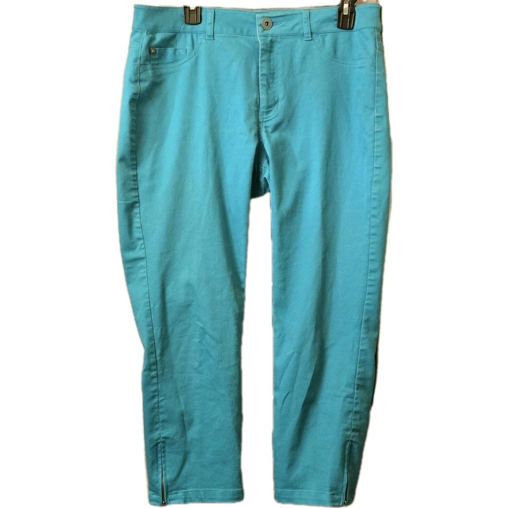 Tribal Teal Capris Cropped‎ Pants Sz 12 Flat Front Stretch Ankle Zip 34x24